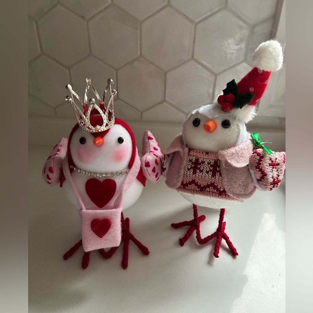 Set of 2 Adorable Bird Figurines with Crown and Santa Hat